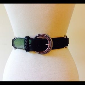 Brighton Black Leather Belt Woven Silver Croco